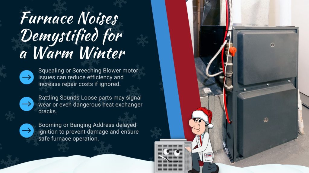 This is an image of a furnace and the Cool Care logo character with a santa hat on. The headline reads; Furnace noises demystified for a warm winter.