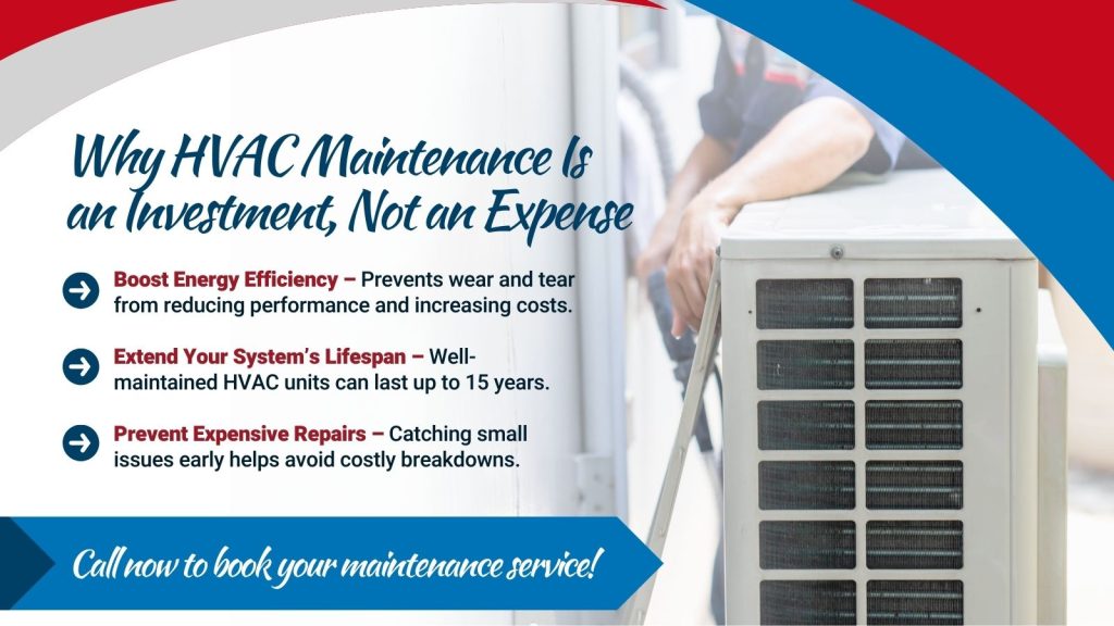 This is an image of an HVAC tech servicing an HVAC unit. The headline reads; Why HVAC maintenance is an investment, not an expense.