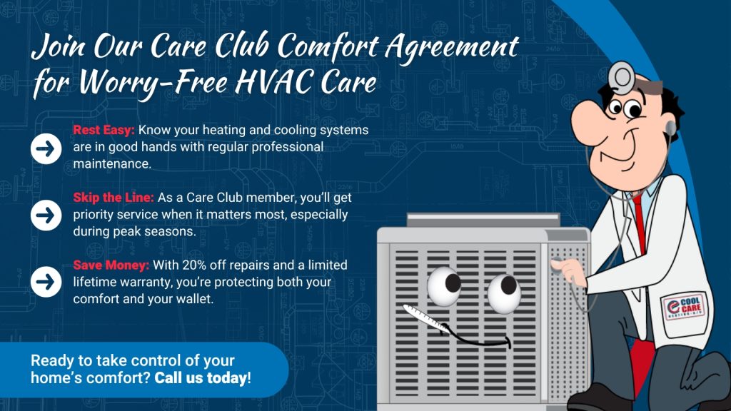 This is an image of the Coolcare mascot using a stethoscope on an AC unit that is broken. The headline reads; Join our care club comfort agreement for worry-free HVAC care.
